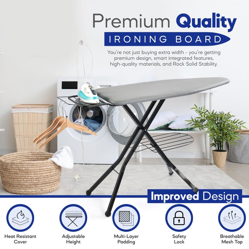 BKTD Extra-Wide Ironing Board â€“ 48"Ã—18" Large Surface (57" w/Iron Rest) â€¢ Built-in Clothes Rack, Hanger & Cord Holder â€¢ Heat-Resistant Cover â€¢ Heavy-Duty, No Wobble â€¢ Adjustable Height â€¢ Black Grey. - Image 5