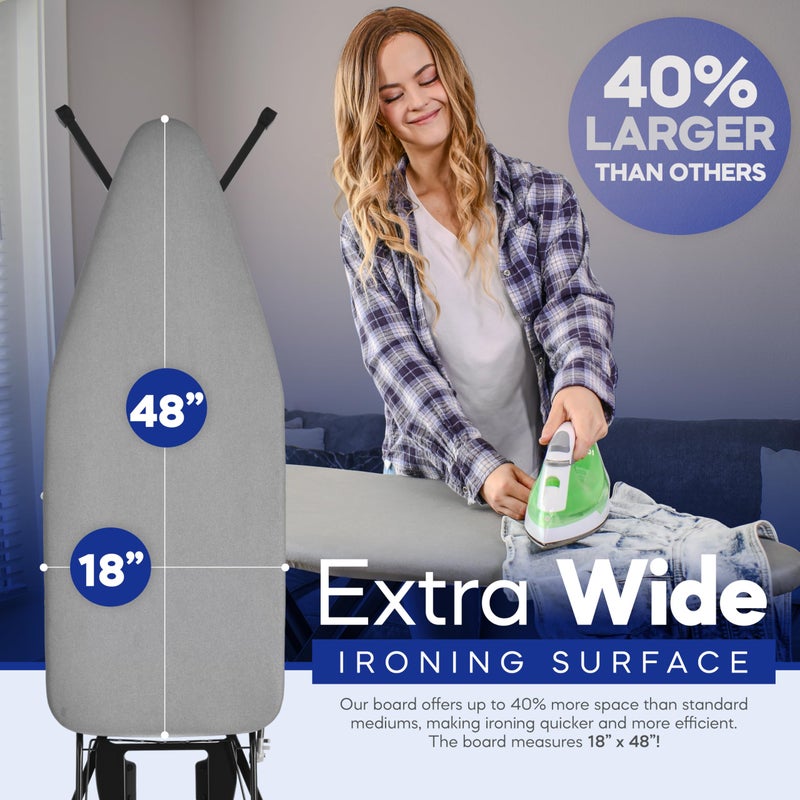 BKTD Extra-Wide Ironing Board â€“ 48"Ã—18" Large Surface (57" w/Iron Rest) â€¢ Built-in Clothes Rack, Hanger & Cord Holder â€¢ Heat-Resistant Cover â€¢ Heavy-Duty, No Wobble â€¢ Adjustable Height â€¢ Black Grey. - Image 2