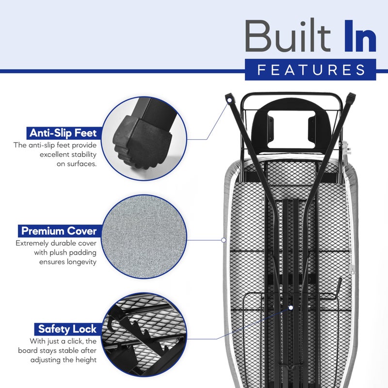 BKTD Extra-Wide Ironing Board â€“ 48"Ã—18" Large Surface (57" w/Iron Rest) â€¢ Built-in Clothes Rack, Hanger & Cord Holder â€¢ Heat-Resistant Cover â€¢ Heavy-Duty, No Wobble â€¢ Adjustable Height â€¢ Black Grey. - Image 4