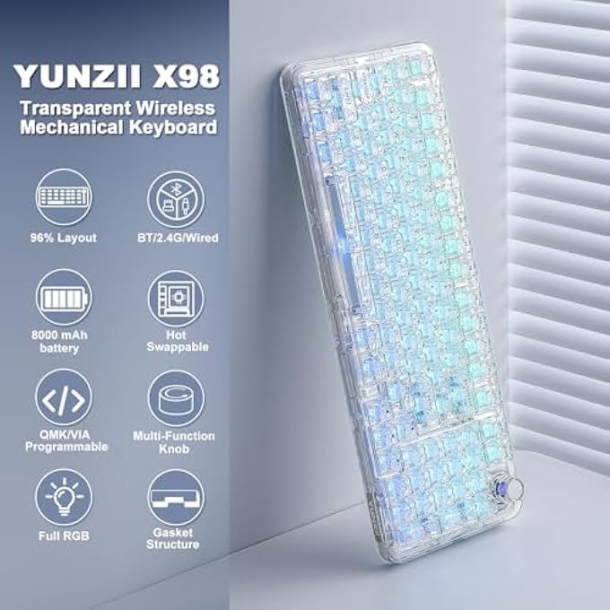 rayihni X98 QMK/VIA WIRELESS MECHANICAL GAMING KEYBOARD WITH KNOB,TRI-MODE BT5.0/USB-C/2.4GHZ HOT SWAPPABLE KEYBOARD,PRE-LUBED SWITCHES GASKET MOUNT RGB BACKLIT FOR WINS/MAC (WHITE, CRYSTAL SWITCH) - Image 2