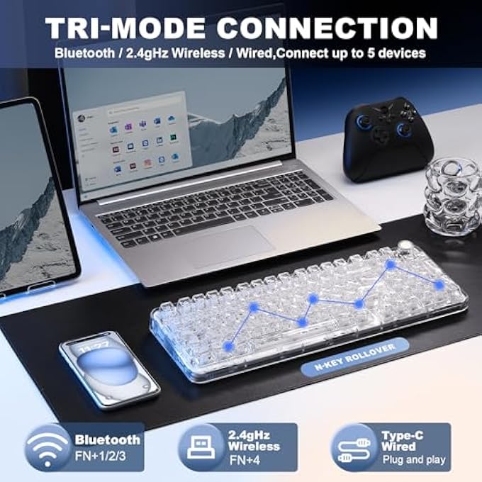 rayihni X98 QMK/VIA WIRELESS MECHANICAL GAMING KEYBOARD WITH KNOB,TRI-MODE BT5.0/USB-C/2.4GHZ HOT SWAPPABLE KEYBOARD,PRE-LUBED SWITCHES GASKET MOUNT RGB BACKLIT FOR WINS/MAC (WHITE, CRYSTAL SWITCH) - Image 3