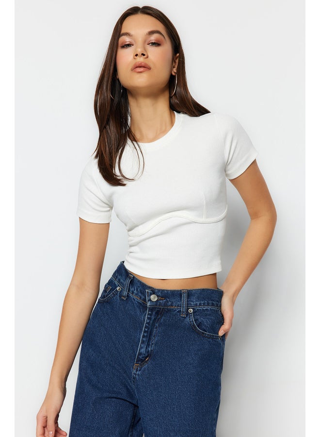 trendyol White Piping Detailed Crew Neck Crop Ribbed Elastic Knitted Blouse TWOAW21BZ0638 - Image 1