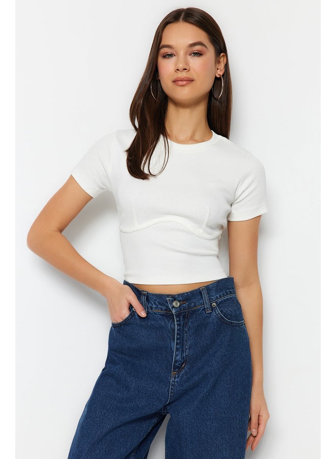 trendyol White Piping Detailed Crew Neck Crop Ribbed Elastic Knitted Blouse TWOAW21BZ0638 - Image 2