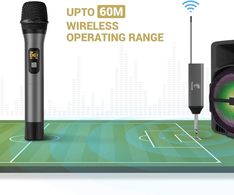 تونور ميكروفون لاسلكي، نظام ميكروفون يدوي معدني UHF من TONOR مع مستقبل قابل للشحن، مخرج 1/4 بوصة لمكبر الصوت، نظام PA، آلة كاريوكي الغناء، 200 قدم (TW-620) - Image 3