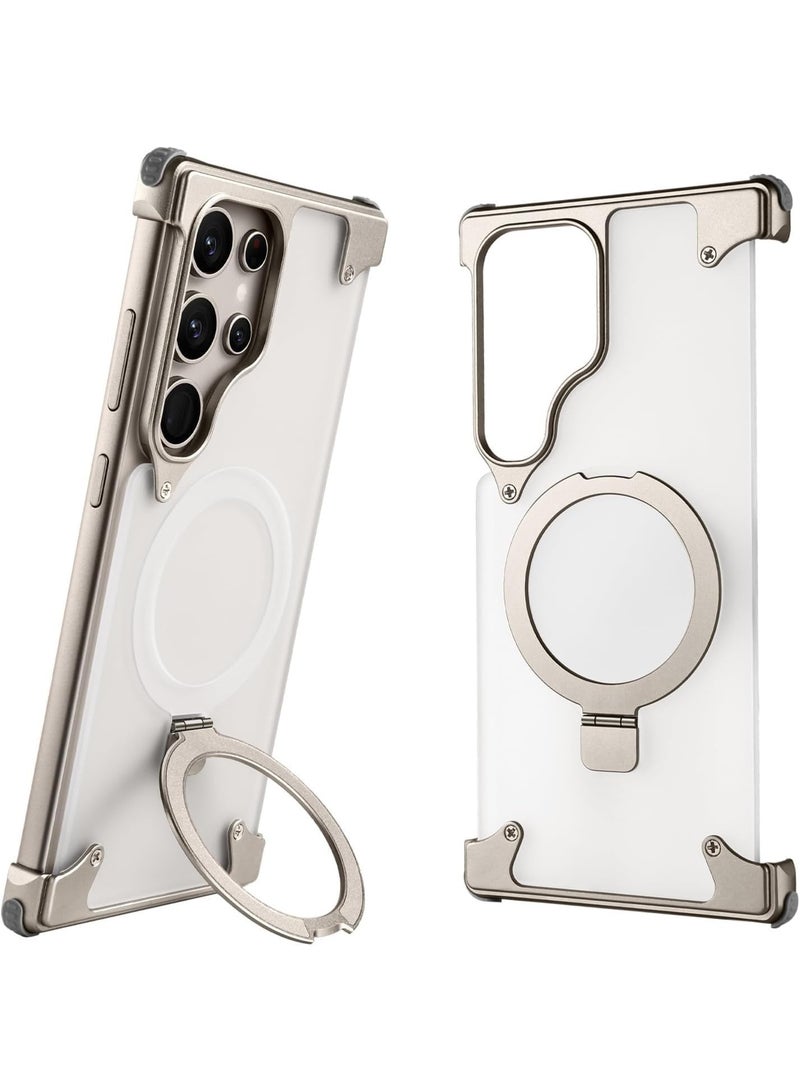 Oatsbasf Luxury Frameless Case For Samsung Galaxy S25 Ultra With 360 Degree Rotating Stand MagSafe Compatible Aramid Fiber Shockproof Slim Protective Cover Silver - Image 1