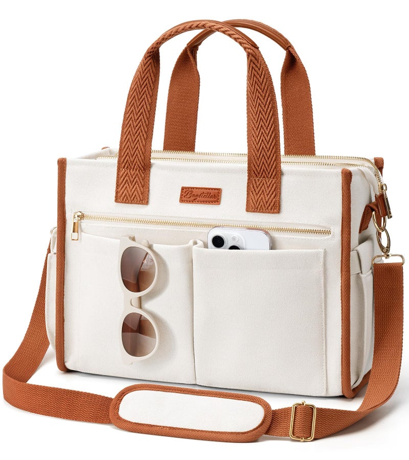 Bagstellar Canvas Tote Bag for Women, 15-Pocket Large Crossbody Purse Shoulder Satchel Handbag Bible Laptop Bag Zipper Bookbag for Teacher Nurse Work Travel College Everyday - Image 1