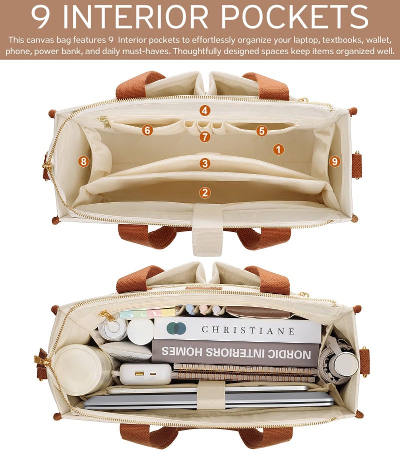 Bagstellar Canvas Tote Bag for Women, 15-Pocket Large Crossbody Purse Shoulder Satchel Handbag Bible Laptop Bag Zipper Bookbag for Teacher Nurse Work Travel College Everyday - Image 3