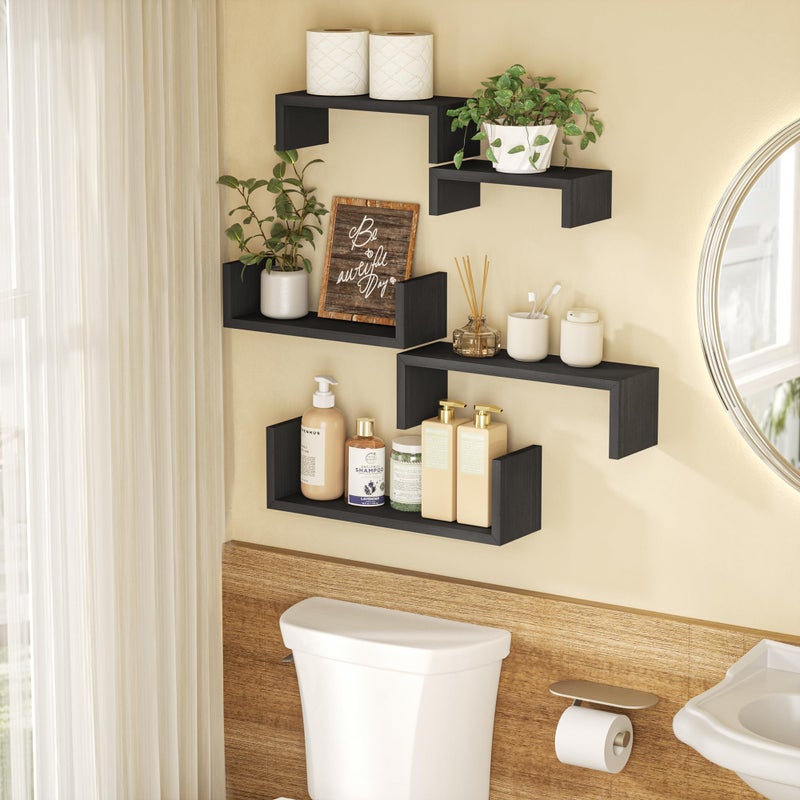 SRIWATANA Floating Shelves for Wall, Wall Shelves for Bathroom, Bedroom, Living Room, Kitchen, Office, Wood Shelves for Home Decor Set of 5 (Weathered Black) - Image 2