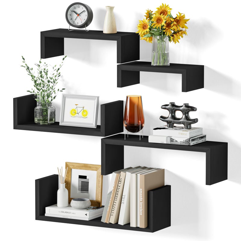 SRIWATANA Floating Shelves for Wall, Wall Shelves for Bathroom, Bedroom, Living Room, Kitchen, Office, Wood Shelves for Home Decor Set of 5 (Weathered Black) - Image 1