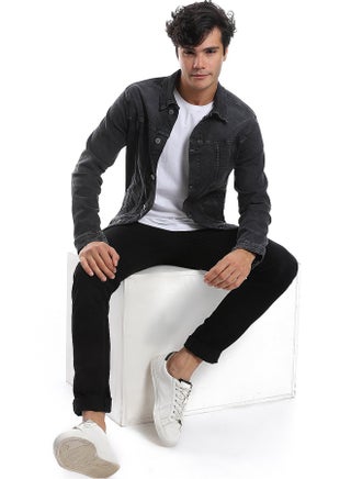 Turn Down Collar Long Sleeves Denim Jacket_Iron Grey