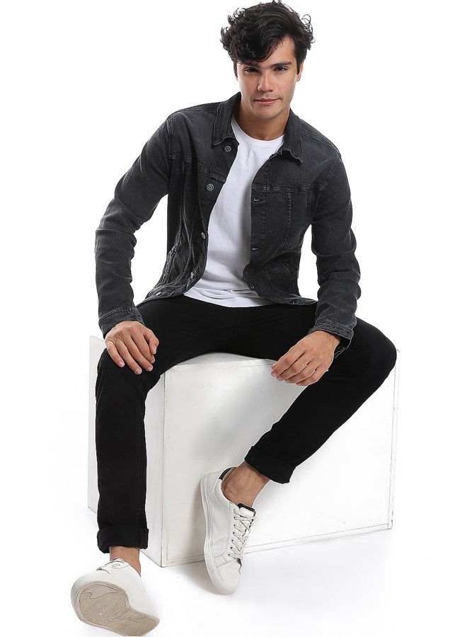 Andora Turn Down Collar Long Sleeves Denim Jacket_Iron Grey - Image 1