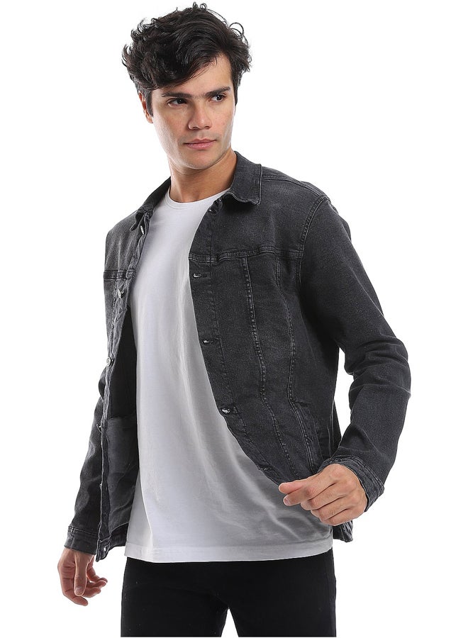 Andora Turn Down Collar Long Sleeves Denim Jacket_Iron Grey - Image 5