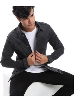 Andora Turn Down Collar Long Sleeves Denim Jacket_Iron Grey  - Image 2