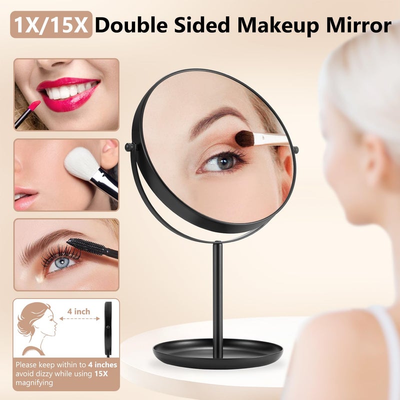 DECLUTTR 15X Magnifying Makeup Mirror, 9 Inch Tabletop Mirror on Stand, Large Double Sided Vanity Mirror for Desk, Black - Image 2