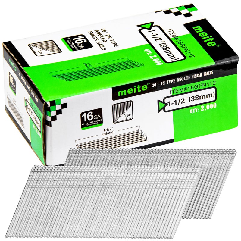 meite 16 Gauge 20 Degree Angled Finish Nails 112 Inch Galvanized RustProof Finishing Nails for Electric or Pneumatic Finish Nailer Cabinet Crown Baseboard Trim Molding 2000 PCS