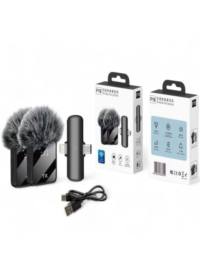 إيجيل ميكروفون لاسلكي F15-2 مكثف صغير الحجم، مزود بخاصية إلغاء الضوضاء، وإضاءة LED، وموصل معدني من النوع C، وميكروفون مزدوج. - Image 1