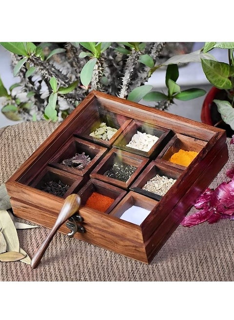 Wooden Spice Box Masala Dabba with 9 Wooden Container with Spoon and Transparent Lid Handmade Dry Fruit Organizer