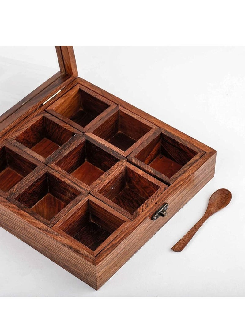 Ayda - Wooden Spice Box Masala Dabba with 9 Wooden Container with Spoon and Transparent Lid Handmade Dry Fruit Organizer - Image 1
