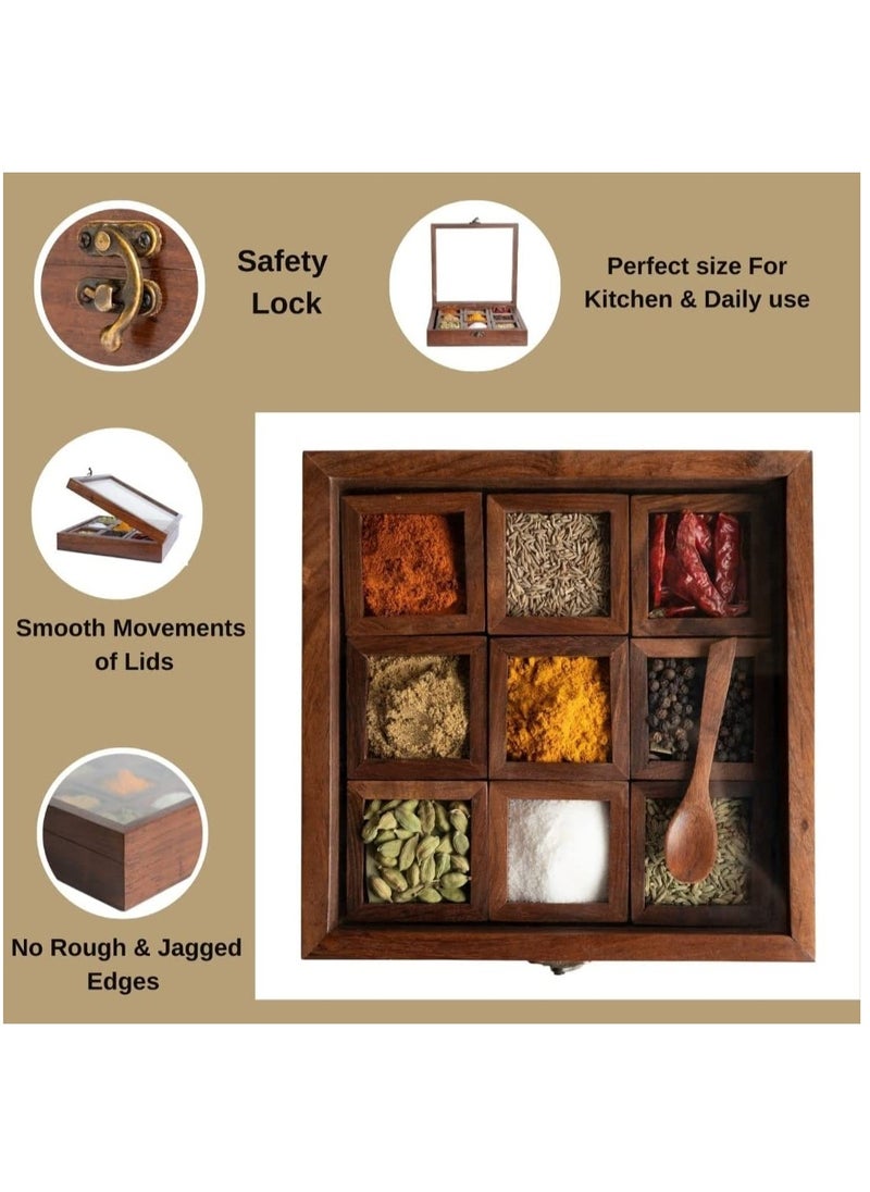 Ayda - Wooden Spice Box Masala Dabba with 9 Wooden Container with Spoon and Transparent Lid Handmade Dry Fruit Organizer - Image 1