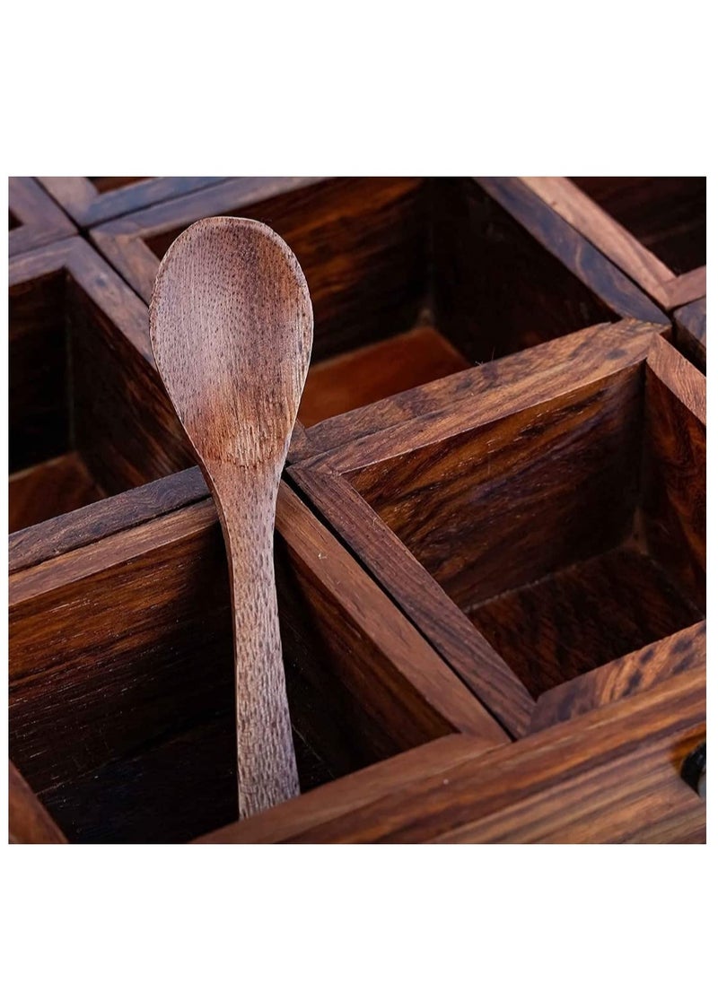 Ayda - Wooden Spice Box Masala Dabba with 9 Wooden Container with Spoon and Transparent Lid Handmade Dry Fruit Organizer - Image 1