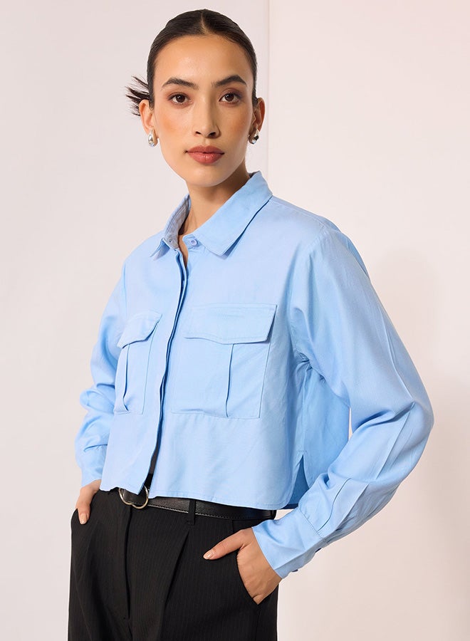 Virgio VIRGIO 100% Viscose Oversize Blue Shirt With Pockets  - Image 3