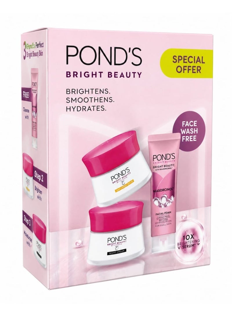 Pond's Set Of 3 Bright Beauty Serum Day Cream 50ml, Serum Night Cream 50ml and Facial Foam 50g For Brighter & Nourished Skin - Image 1