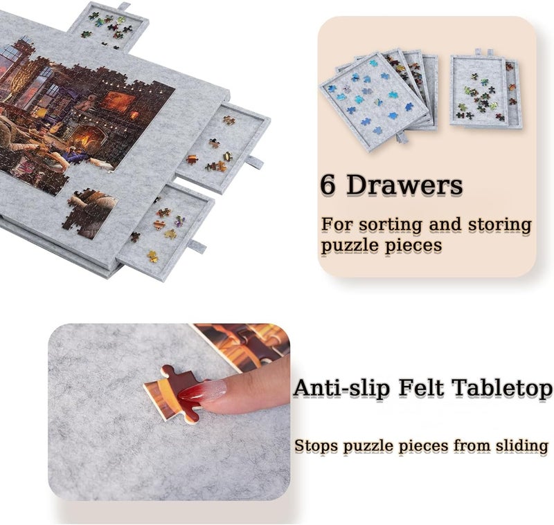 Delehehe Puzzle Board，Portable Jigsaw Puzzle Table for Up to 1000 Pieces，with 2-in-1 Designed Stand & Cover, Super Lightweight Felt Plateau Storage with 6 Drawers for Adults & Kids (Light Gray) - Image 3