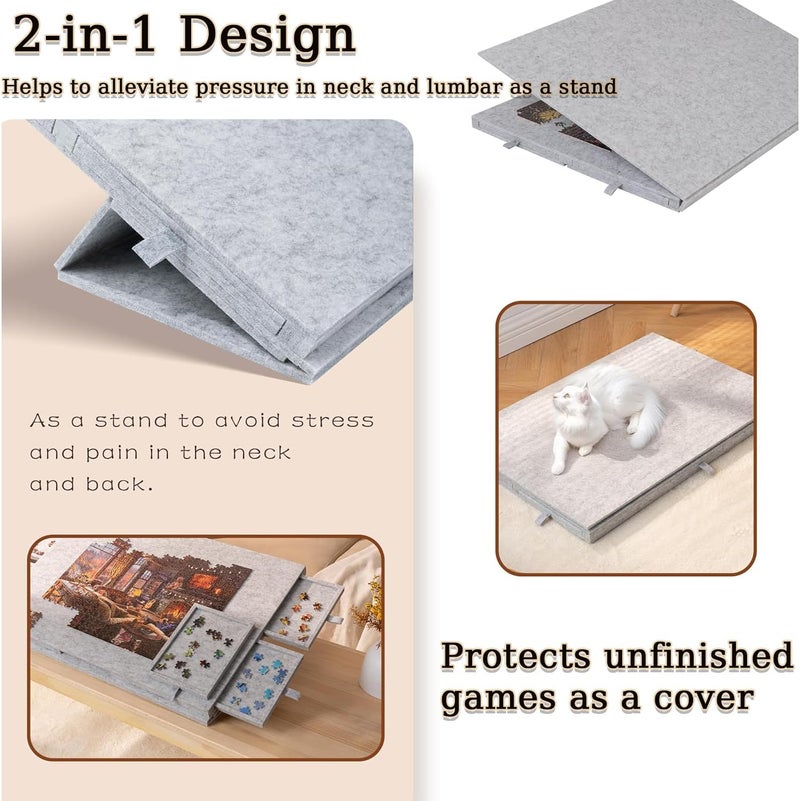 Delehehe Puzzle Board，Portable Jigsaw Puzzle Table for Up to 1000 Pieces，with 2-in-1 Designed Stand & Cover, Super Lightweight Felt Plateau Storage with 6 Drawers for Adults & Kids (Light Gray) - Image 2