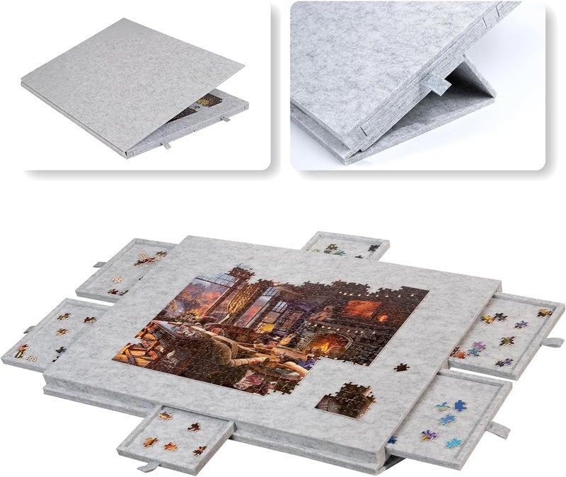 Delehehe Puzzle Board，Portable Jigsaw Puzzle Table for Up to 1000 Pieces，with 2-in-1 Designed Stand & Cover, Super Lightweight Felt Plateau Storage with 6 Drawers for Adults & Kids (Light Gray) - Image 1