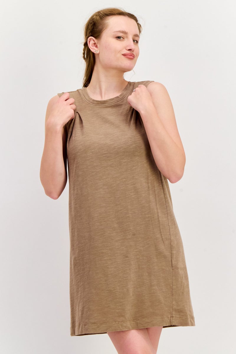 Splendid Women Pleated Sleeveless Mini Dress, Taupe - Image 1