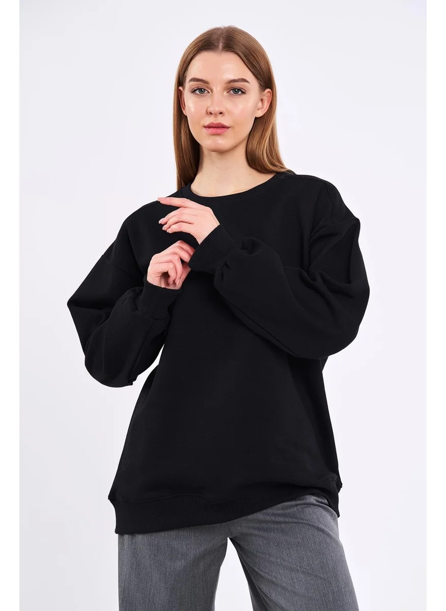 mmetalic Women's Black Cotton Oversize Basic Crew Neck Sweatshirt