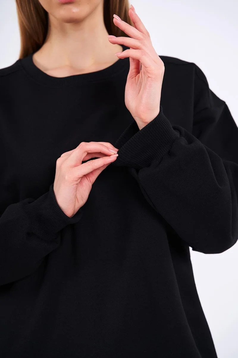mmetalic Women's Black Cotton Oversize Basic Crew Neck Sweatshirt