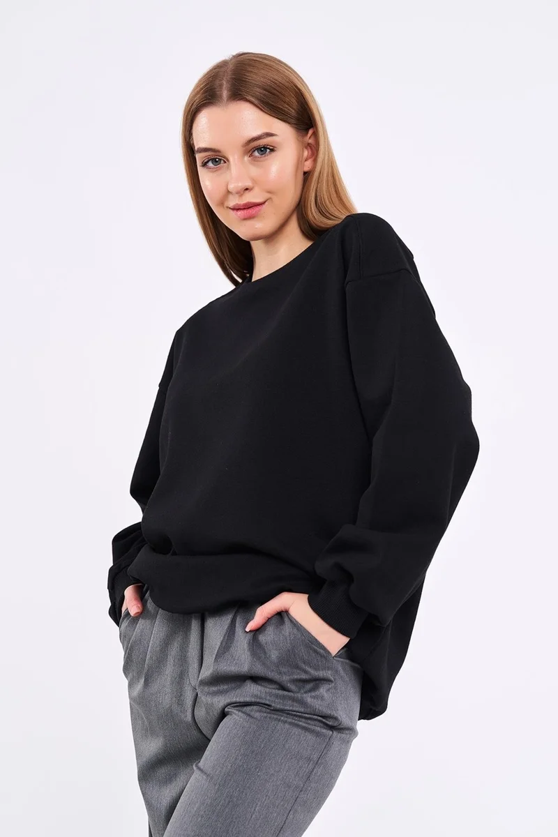 mmetalic Women's Black Cotton Oversize Basic Crew Neck Sweatshirt