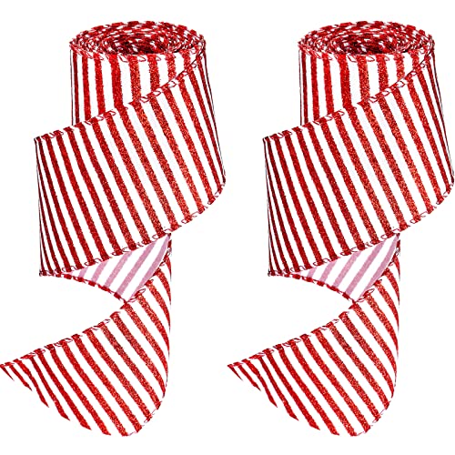 Dilunave 2 Rolls 25 Inch x 6 Yards Christmas Red and White Ribbon Christmas Candy Cane Wired Edge Ribbons DIY Craft for Xmas Tree Decorations Wreath Bows Making Gift WrappingVertical Stripes - Image 1