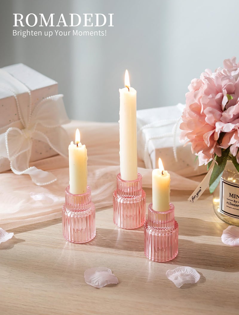 Romadedi Pink Glass Candle Holders - 10 Pcs Ribbed Candlestick Holder Bulk for Table Centerpiece Elegant Taper Holder for Wedding Birthday Party Baby Showers Valentines Mother's Day Christmas - Image 3
