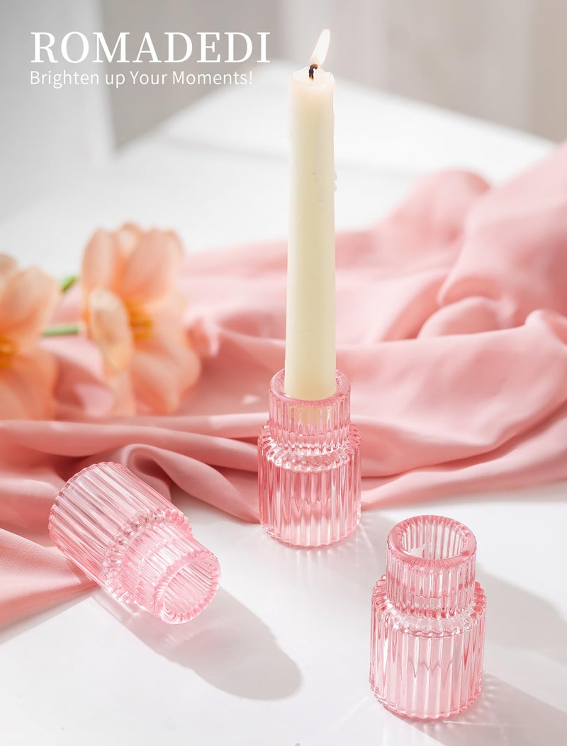 Romadedi Pink Glass Candle Holders - 10 Pcs Ribbed Candlestick Holder Bulk for Table Centerpiece Elegant Taper Holder for Wedding Birthday Party Baby Showers Valentines Mother's Day Christmas - Image 2