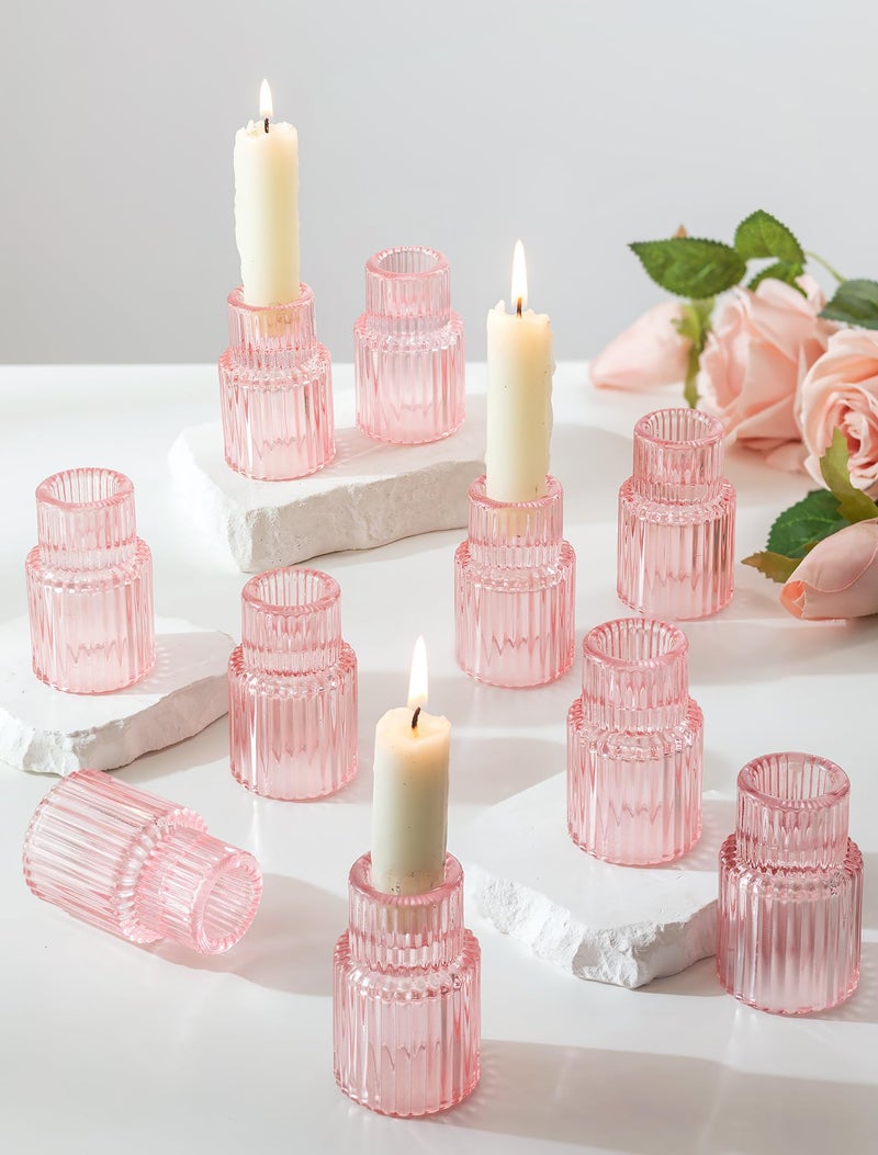 Romadedi Pink Glass Candle Holders - 10 Pcs Ribbed Candlestick Holder Bulk for Table Centerpiece Elegant Taper Holder for Wedding Birthday Party Baby Showers Valentines Mother's Day Christmas - Image 1