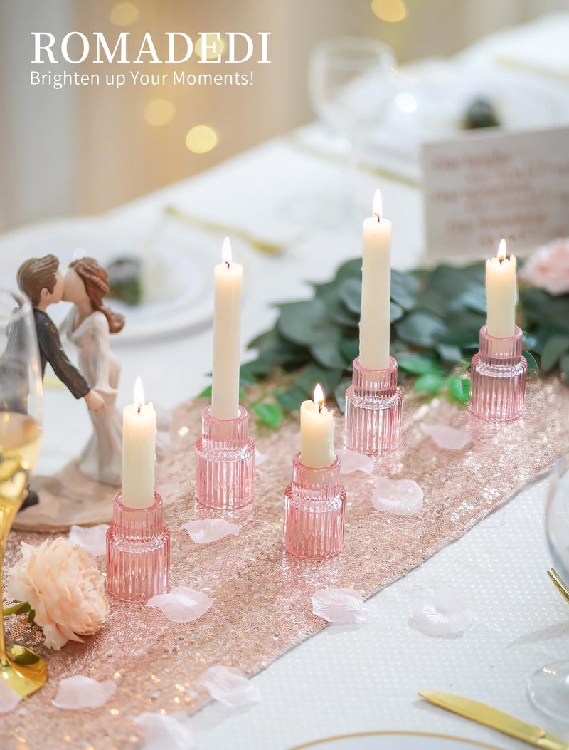 Romadedi Pink Glass Candle Holders - 10 Pcs Ribbed Candlestick Holder Bulk for Table Centerpiece Elegant Taper Holder for Wedding Birthday Party Baby Showers Valentines Mother's Day Christmas - Image 4