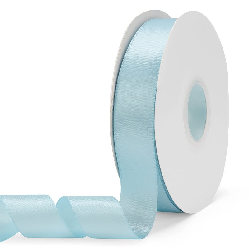 Ewaymado Solid Color Light Blue Double Faced Satin Ribbon 1 X 50 Yards Fabric Ribbons Perfect for Wedding and Party DecorationGift Wrapping Sewing Crafts