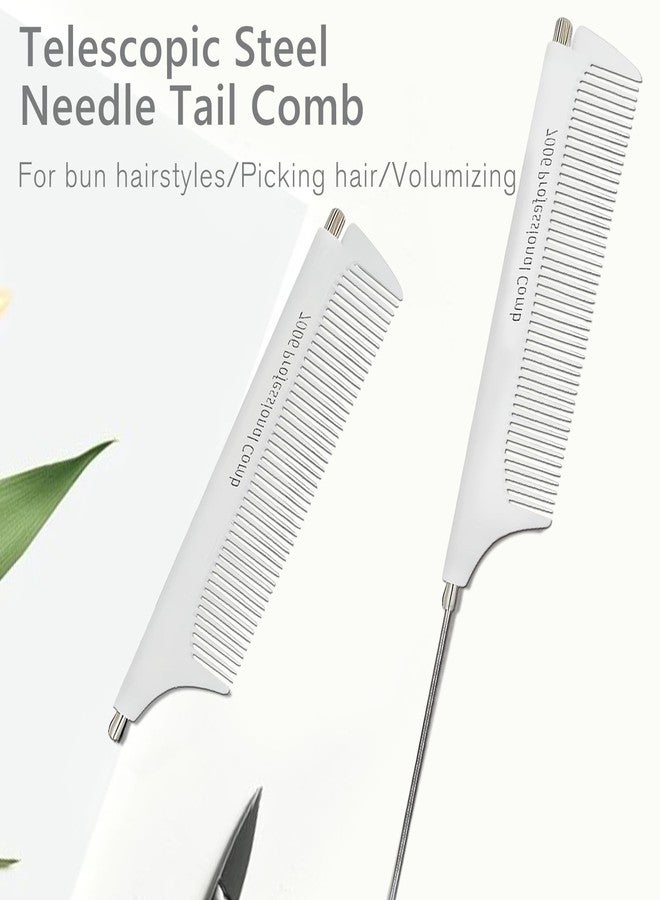 Jaasuee Professional Portable Fine Tooth Teasing Comb for Styling, Hair Cutting, White Retractable Metal Rat Tail Comb for Parting, Stainless Steel Pin Tail Teasing Comb for Salon - Image 2