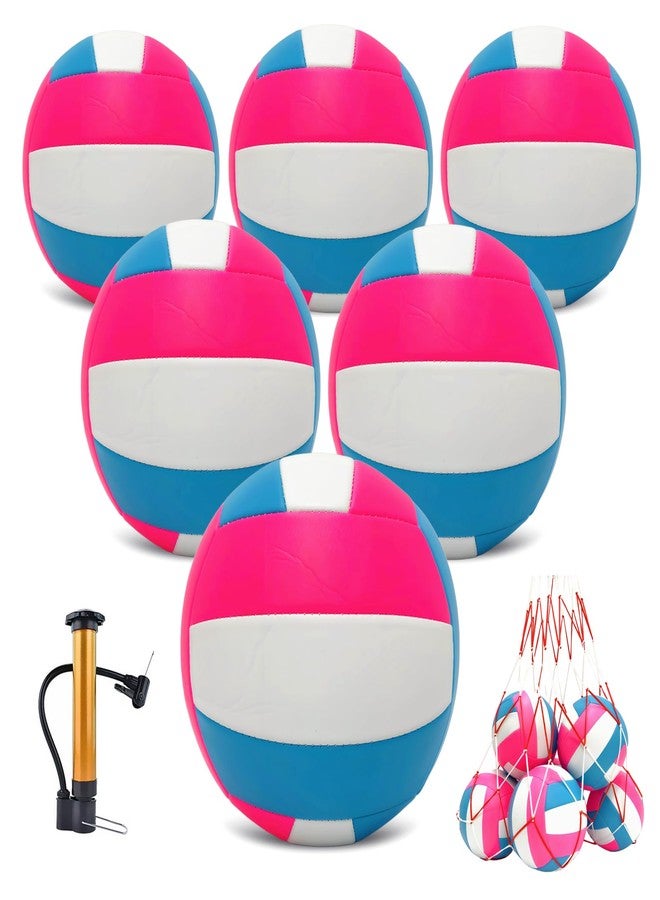 UNISHOW 6 Pack Official Size 5 Volleyball Balls, Waterproof Soft Bulk Recreational Volley Balls with Pump and Net Bag for Beach Pool Sand Training for Beginner, Pink - Image 1