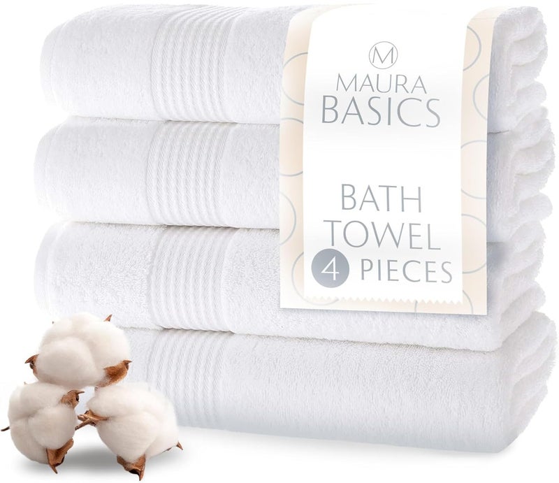 MAURA Basics Performance Bath Towels 100 Turkish Cotton with Hook Loops Extra Large Luxury Absorbent Plush Towel Sets for Bathroom Daily Use American Standard Size 27x54 White