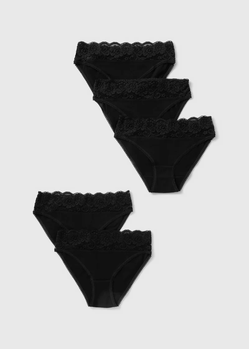 Matalan 5 Pack Black Lace Trim High leg Knickers