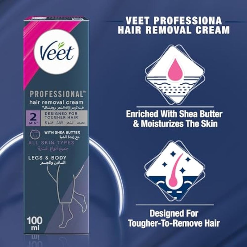 Veet Professional Hair Removal Cream, Legs & Body - Designed for Tougher Hair, Suitable for All Skin Types, With Shea Butter, 100ml - Image 2