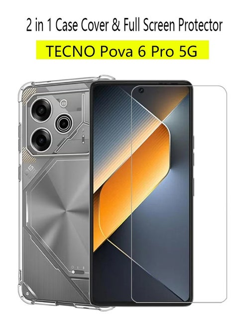 2 in 1 TECNO Pova 6 Pro 5G Phone Case Cover & Screen Protector - Shockproof Clear Slim TPU Protective Phone Cover & Full Coverage Delicate Touch Tempered Glass Screen Protector for TECNO Pova 6 Pro 5G