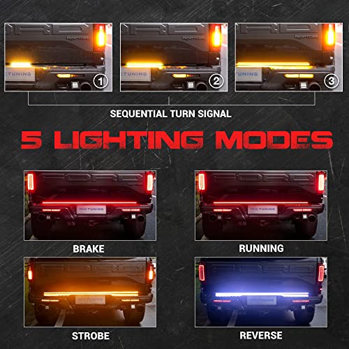 MICTUNING 60 inch Aluminum Frame Triple Tailgate Light Bar 1200 LED Waterproof with 4-Way Flat Connector - Full Function Amber Sequential Turn Signal, Red Brake Running, White Reverse Light - Image 2