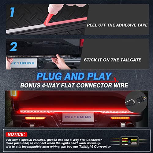 MICTUNING 60 inch Aluminum Frame Triple Tailgate Light Bar 1200 LED Waterproof with 4-Way Flat Connector - Full Function Amber Sequential Turn Signal, Red Brake Running, White Reverse Light - Image 4