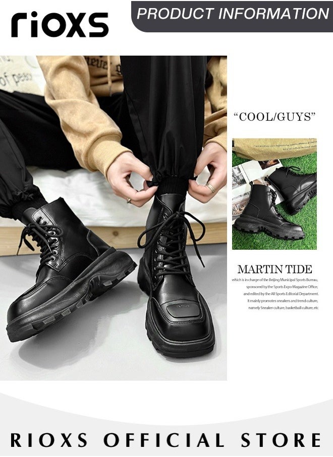 RIOXS - Men's Fall Winter Fashion Casual Ankle Boots Waterproof Leather Boots for Man 8-Eye Lace Up Mid-high Heel Boots With Comfortable Soles - Image 1