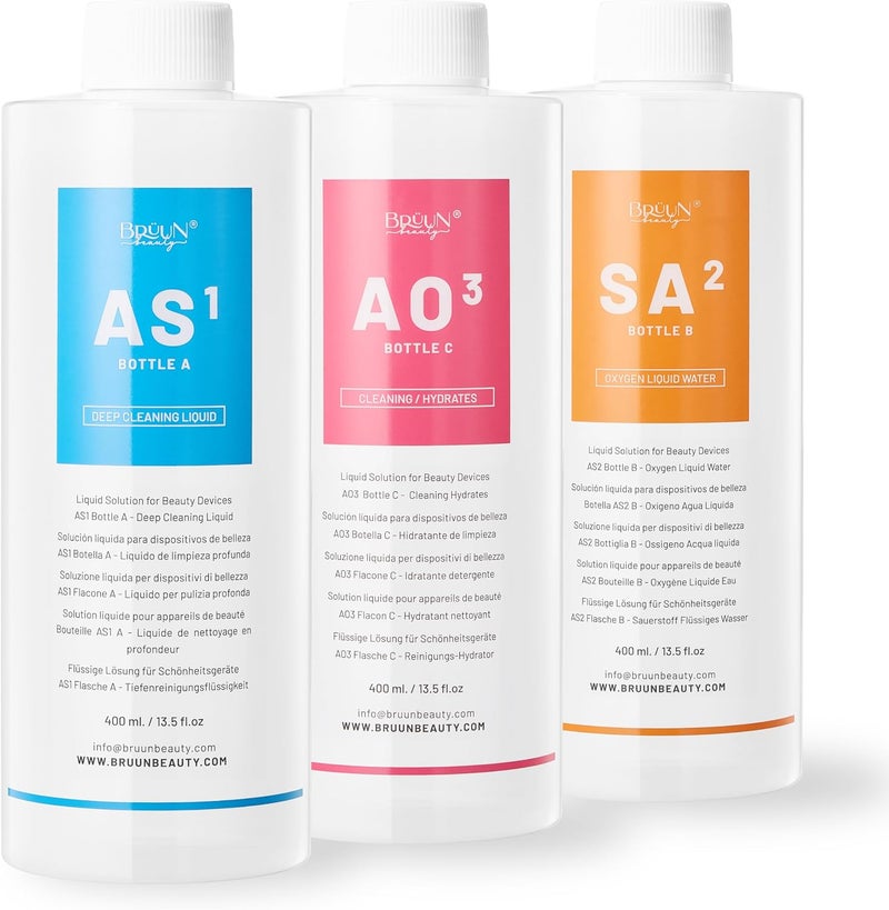 BRÜUN Hydrogen Oxygen Facial Machine Serums for Facial Cleansing – A Pack of 400ml 3 Aqua Peeling Solution AS1, SA2, and AO3 –Skin Care Hydra Solution for Vacuum face Cleaning Jet for Home and Spa - Image 1