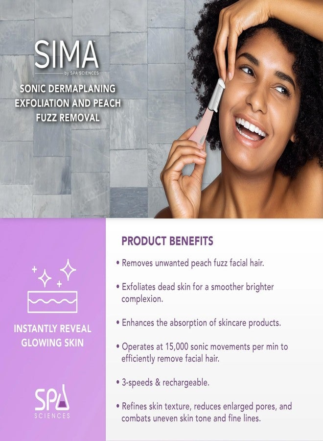 SPA SCIENCES - SIMA Patented Dermaplane Razor for Women Face - Painless 2-in-1 Facial Exfoliation & Peach Fuzz Hair Removal - Anti-Aging - 3 Speeds - Rechargeable - 19 Weeks Treatment - Image 3